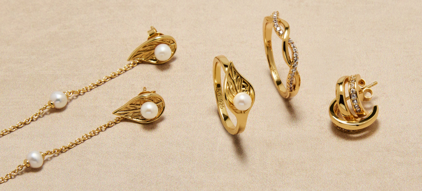 gold vermeil jewellery set earrings rings necklace pearl detail UK
